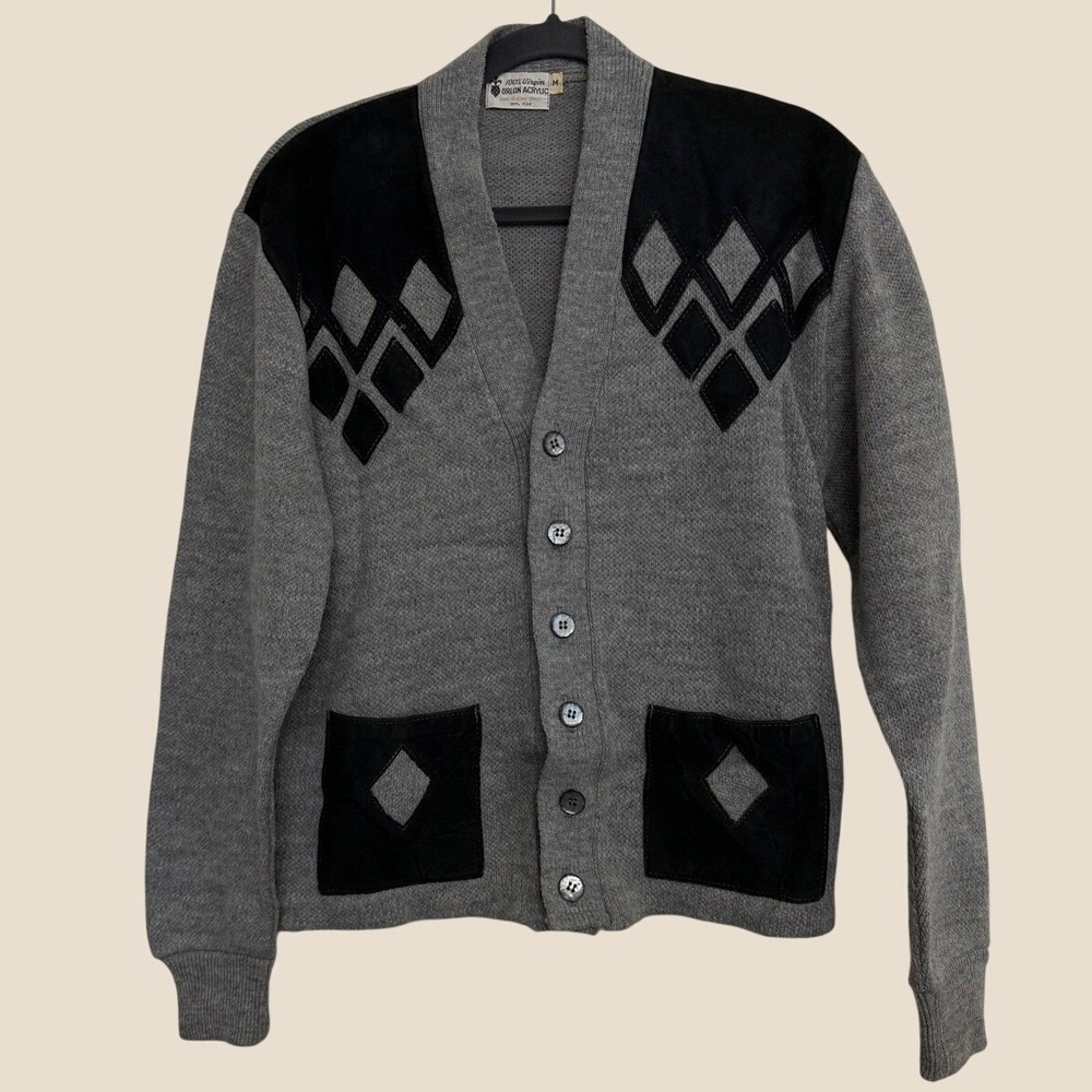 Vintage 60s Mens Medium Leather Diamond Applique Cardigan Sweater Gray Mod